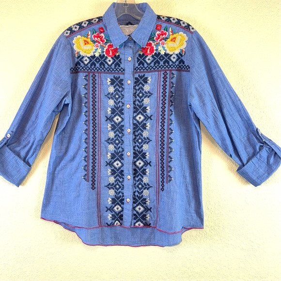 Johnny Was 3J Workshop Women's Floral High-Low Hem Button Down Long Sleeve Shirt - Picture 15 of 15